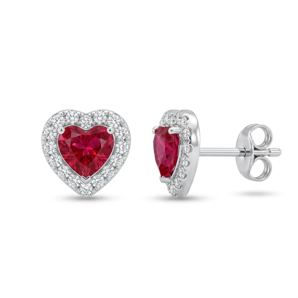 Ohrringe Herz Zirkonia Rot, Silber 925er